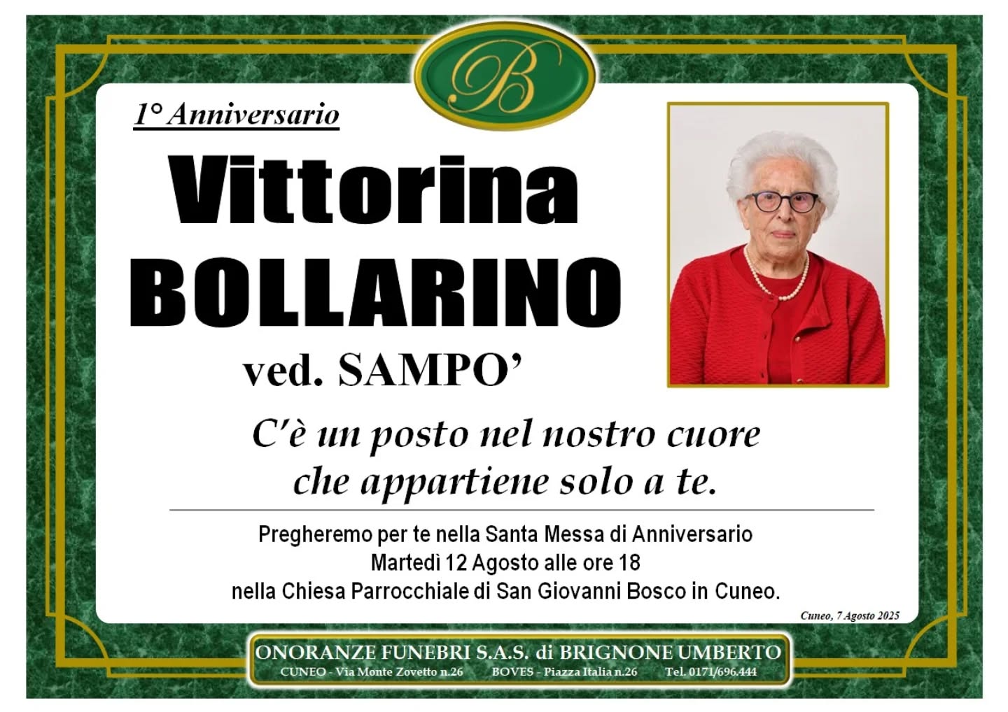 Manifesto funebre di Vittorina Bollarino