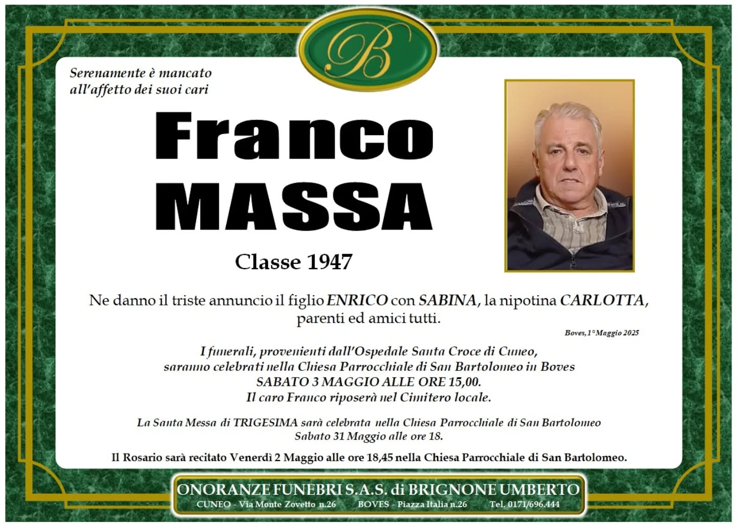 Manifesto funebre di Franco Massa