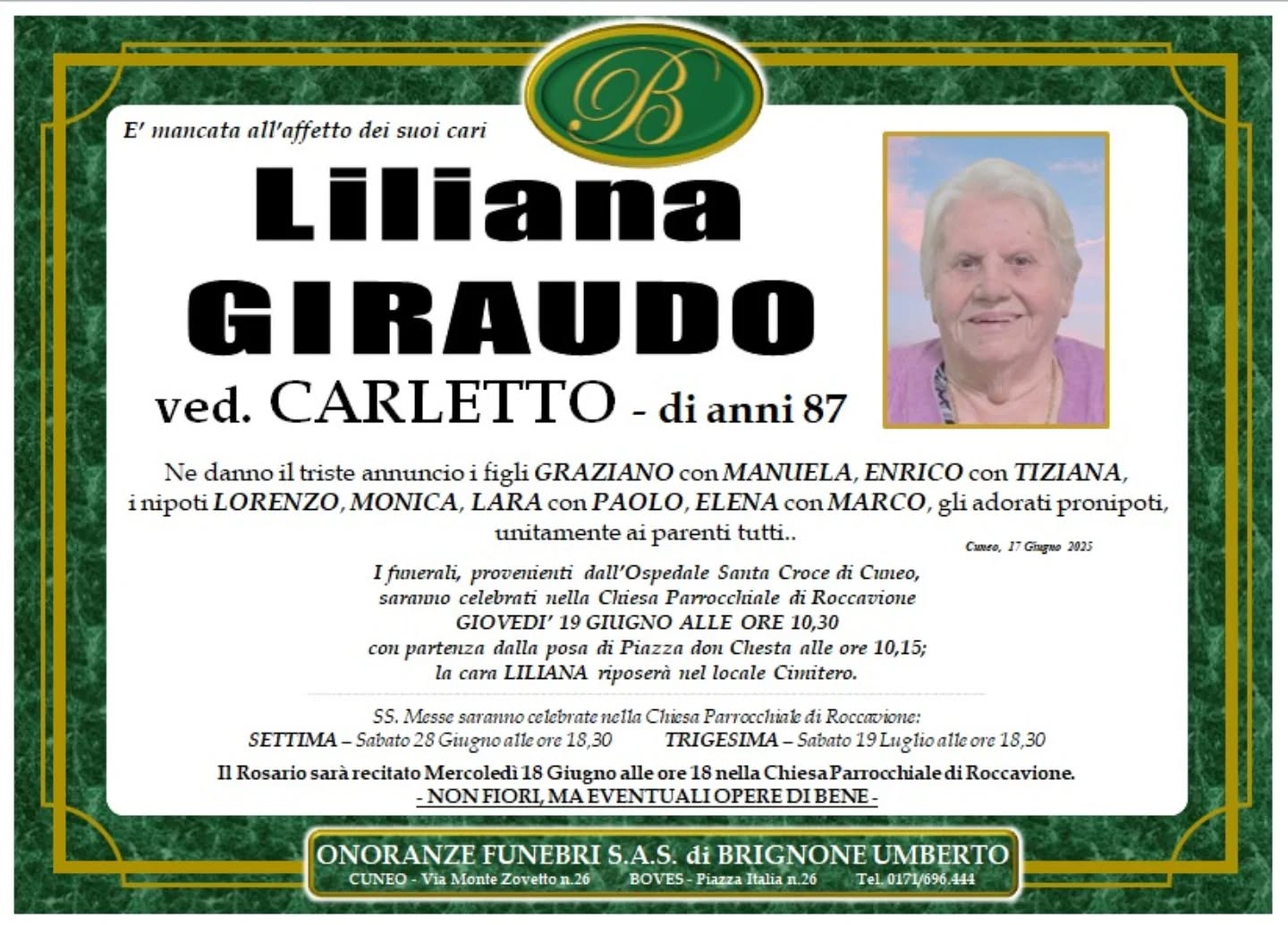 Manifesto funebre di Liliana Giraudo