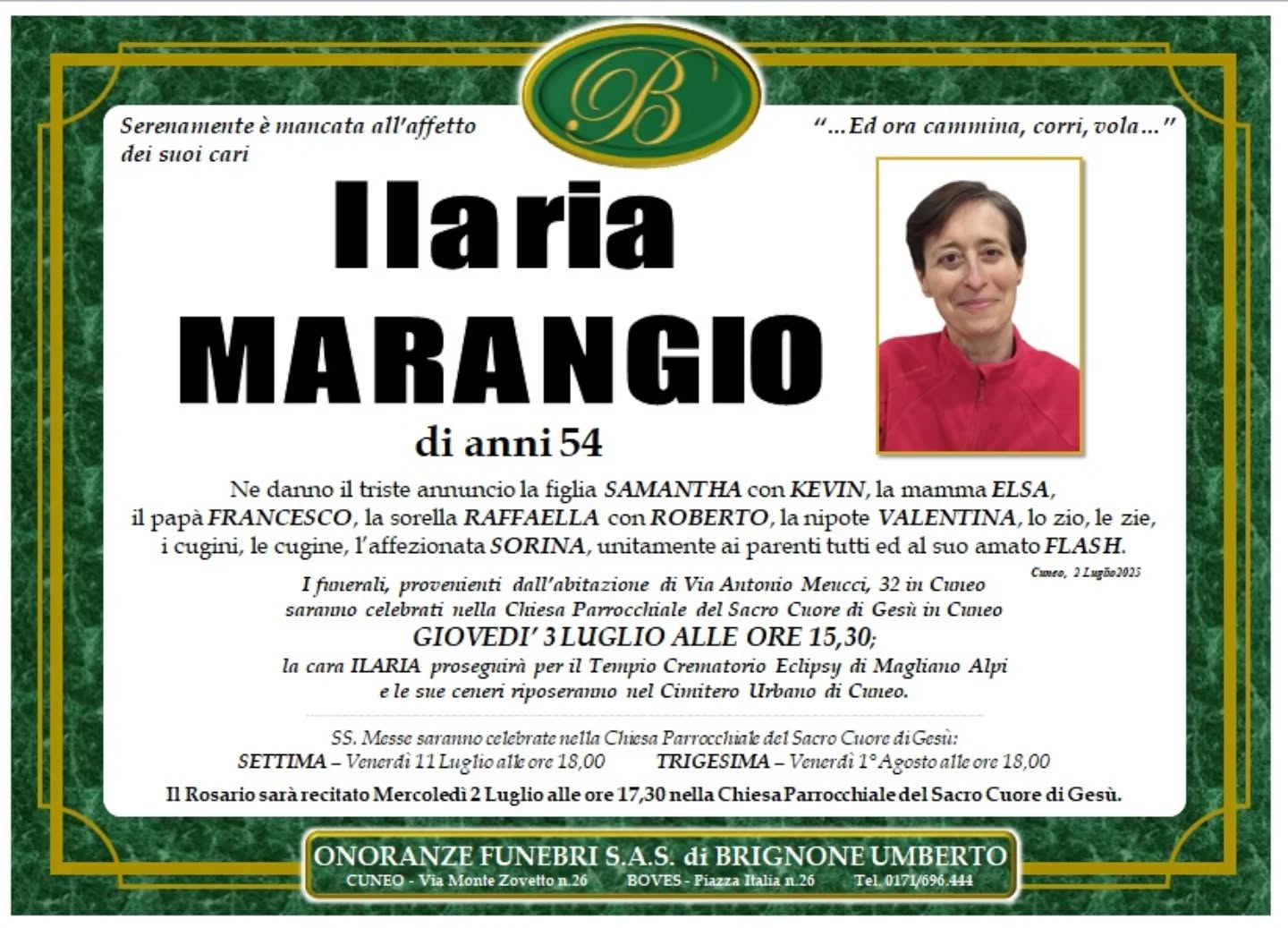 Manifesto funebre di Ilaria Marangio