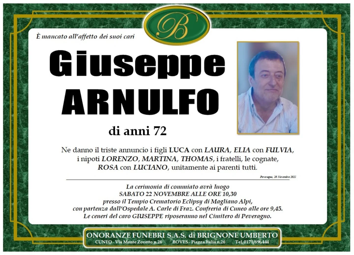Manifesto funebre di Giuseppe Arnulfo