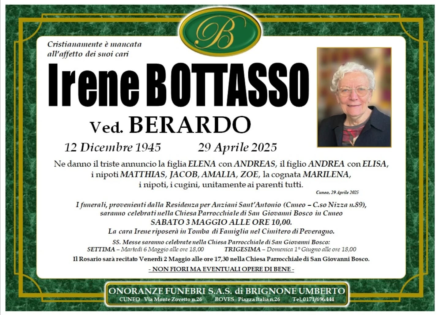 Manifesto funebre di Irene Bottasso