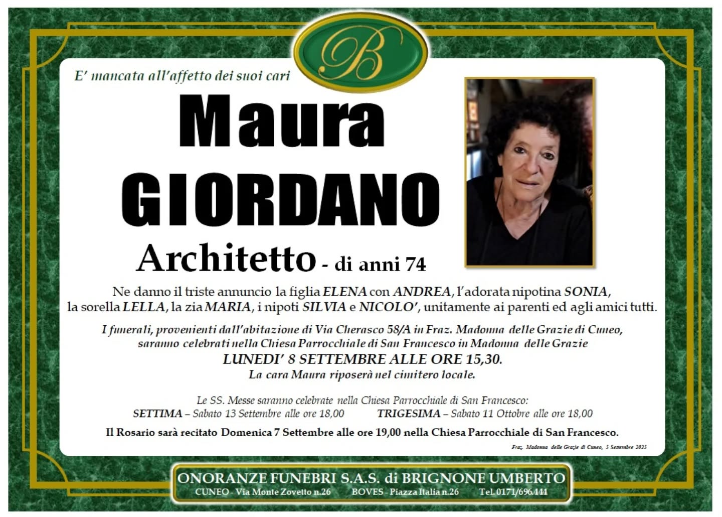 Manifesto funebre di Maura Giordano