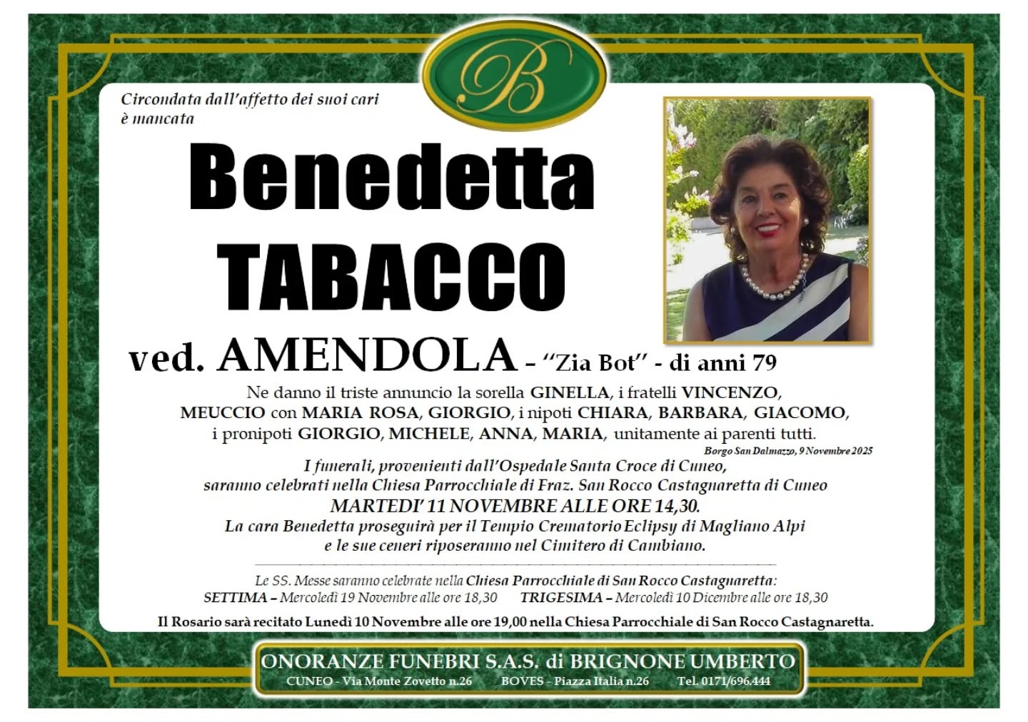 Manifesto funebre di Benedetta Tabacco