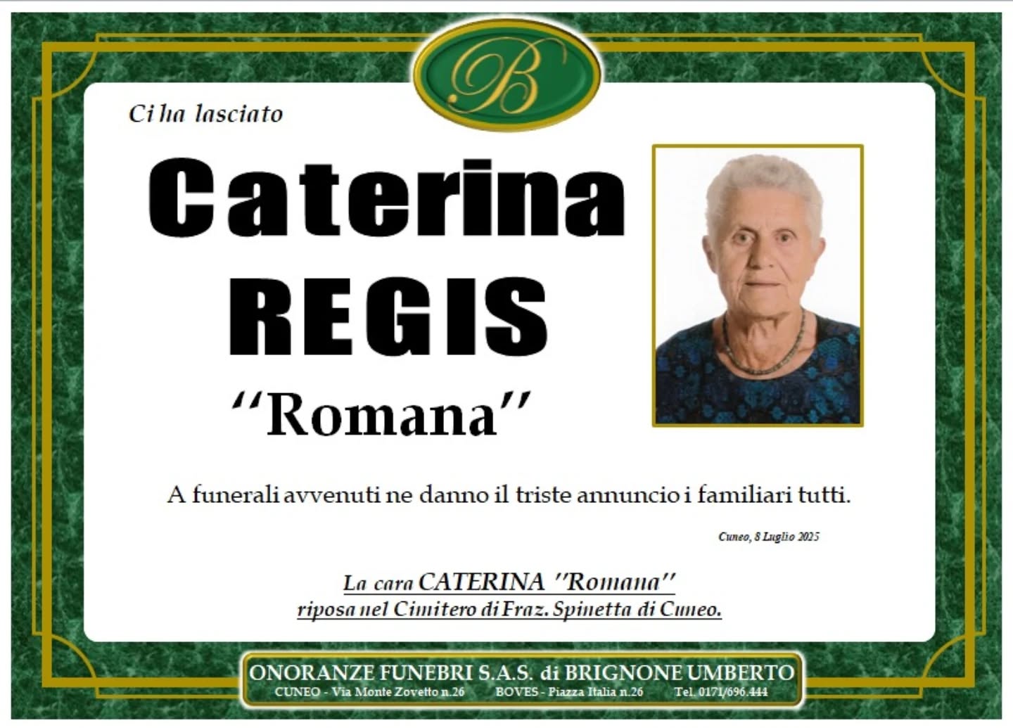 Manifesto funebre di Caterina Regis
