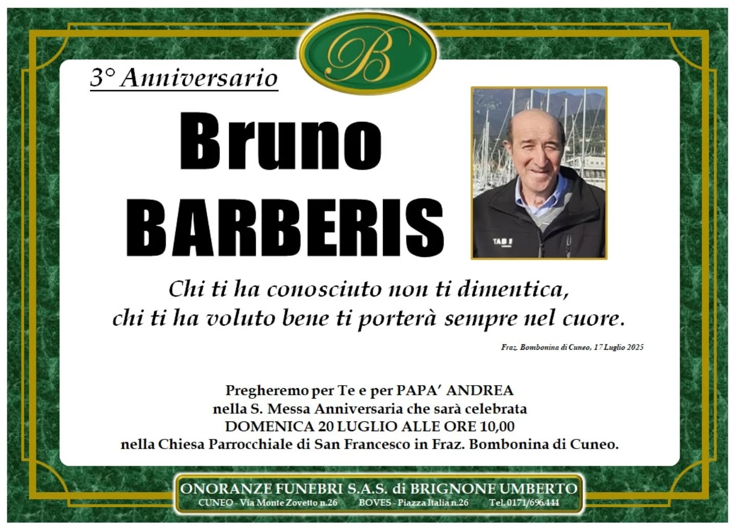 Manifesto funebre di Bruno Barberis