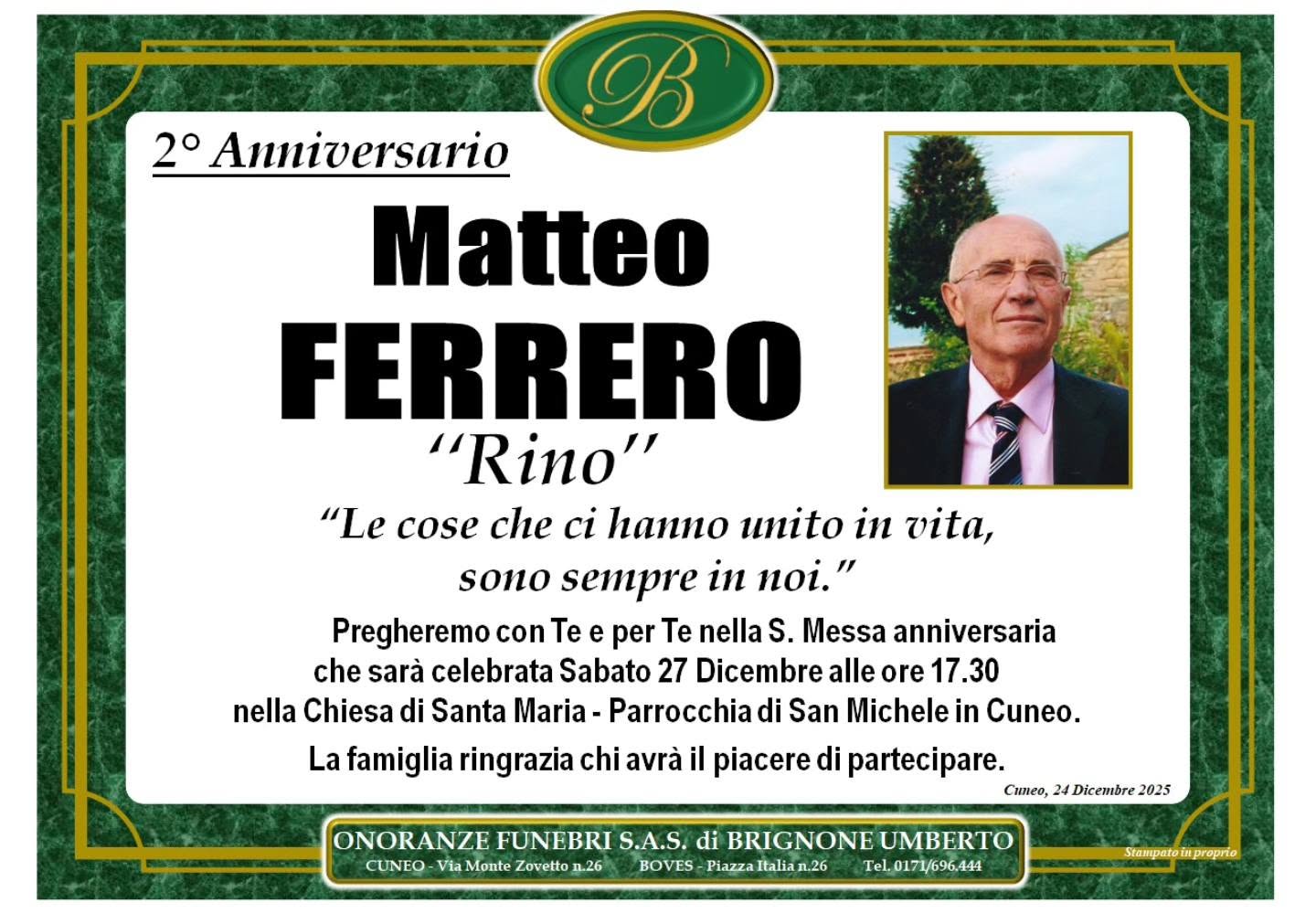 Manifesto funebre di Matteo Ferrero