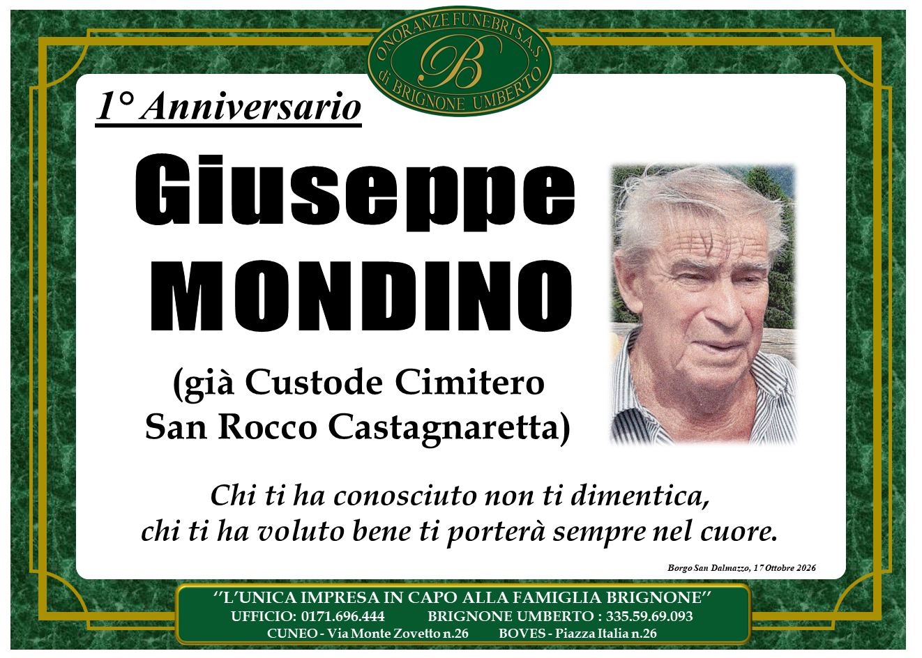 Manifesto funebre di Giuseppe Mondino