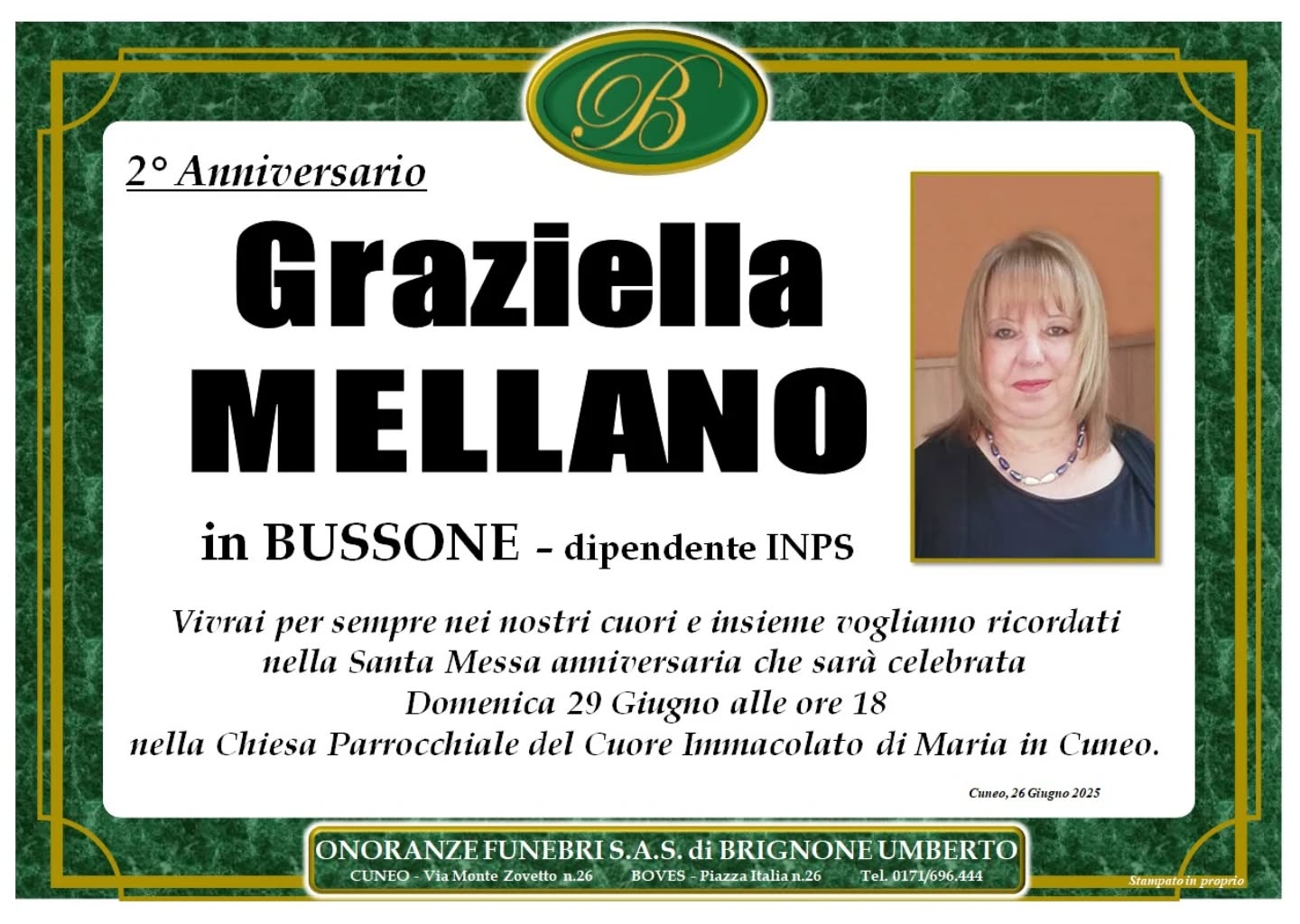 Manifesto funebre di Graziella Mellano
