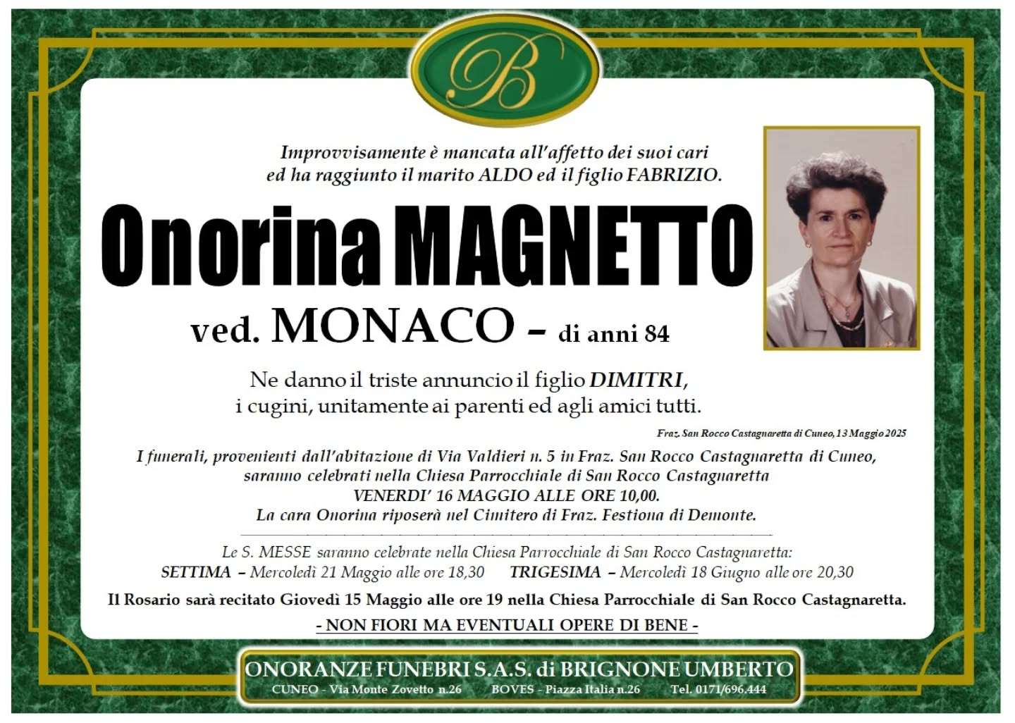 Manifesto funebre di Onorina Magnetto