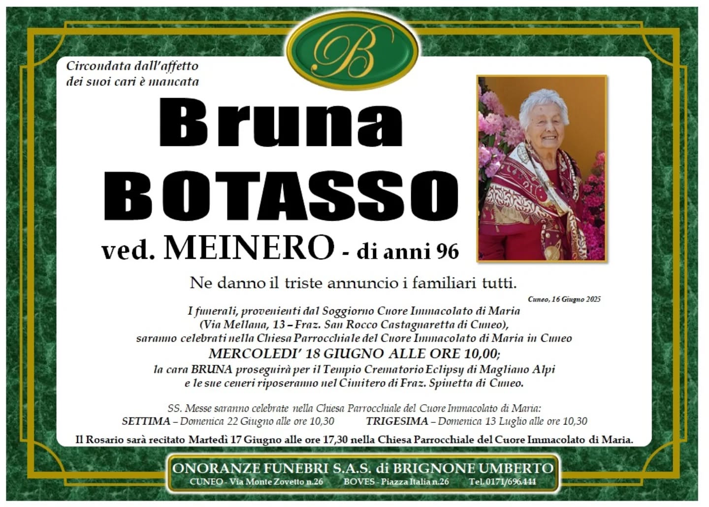 Manifesto funebre di Bruna Botasso Meinero