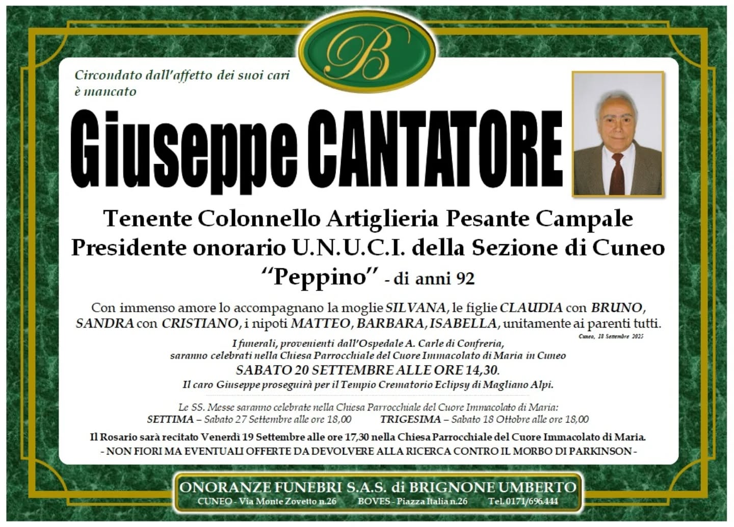 Manifesto funebre di Giuseppe Cantatore