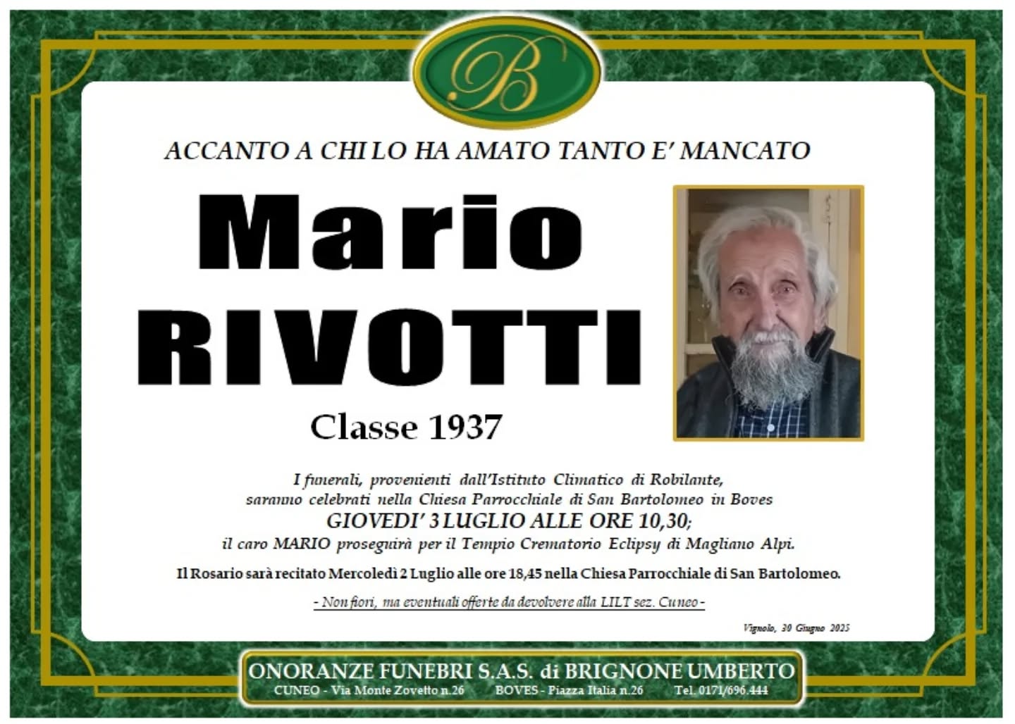 Manifesto funebre di Mario Rivotti
