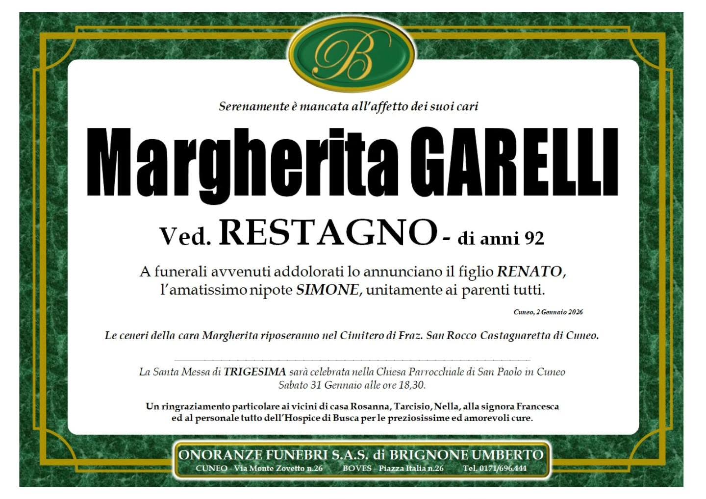 Manifesto funebre di Margherita Garelli Restagno