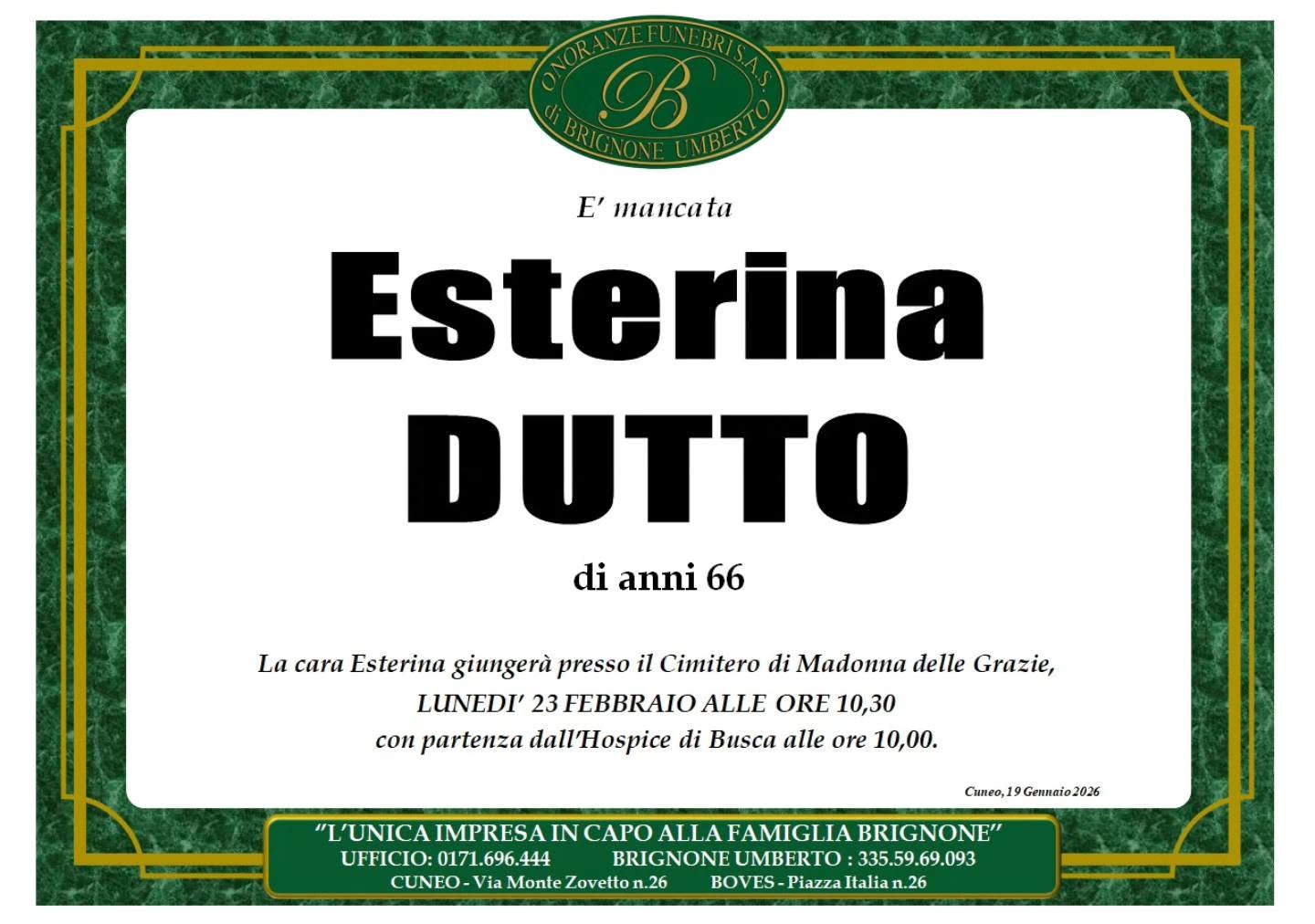 Manifesto funebre di Esterina Dutto