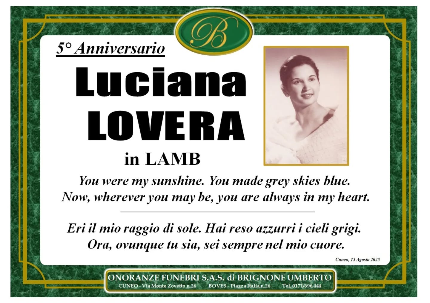 Manifesto funebre di Luciana Lovera