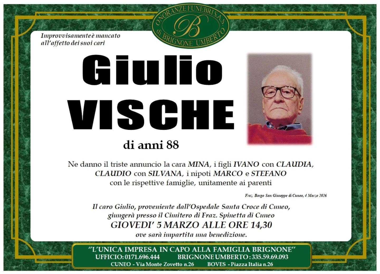 Manifesto funebre di Giulio Vische
