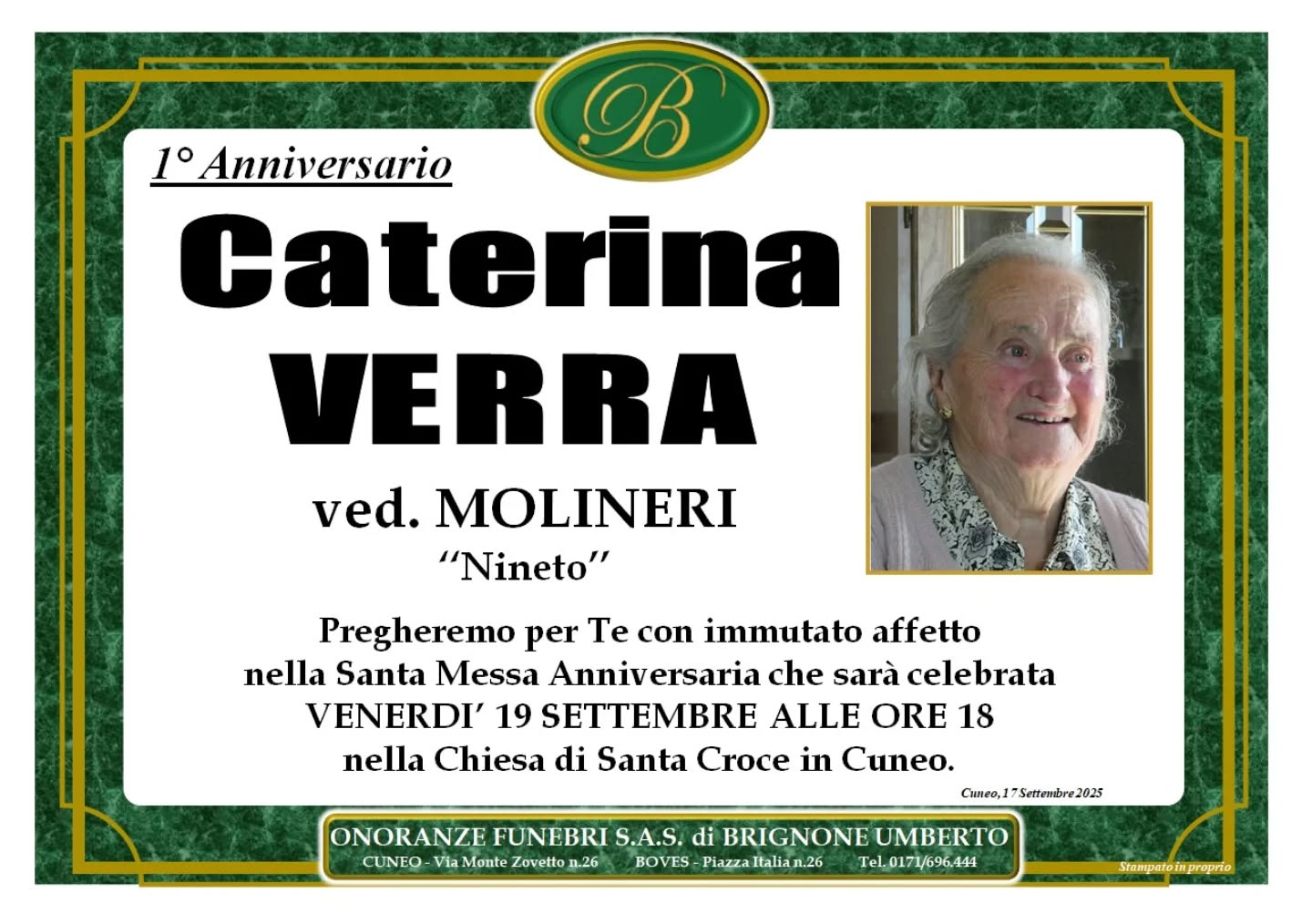 Manifesto funebre di Caterina Verra