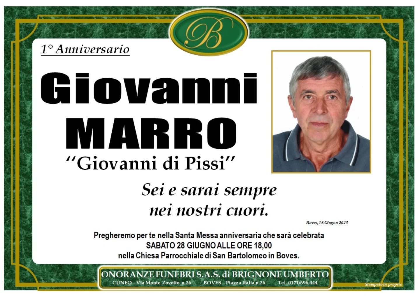 Manifesto funebre di Giovanni Marro