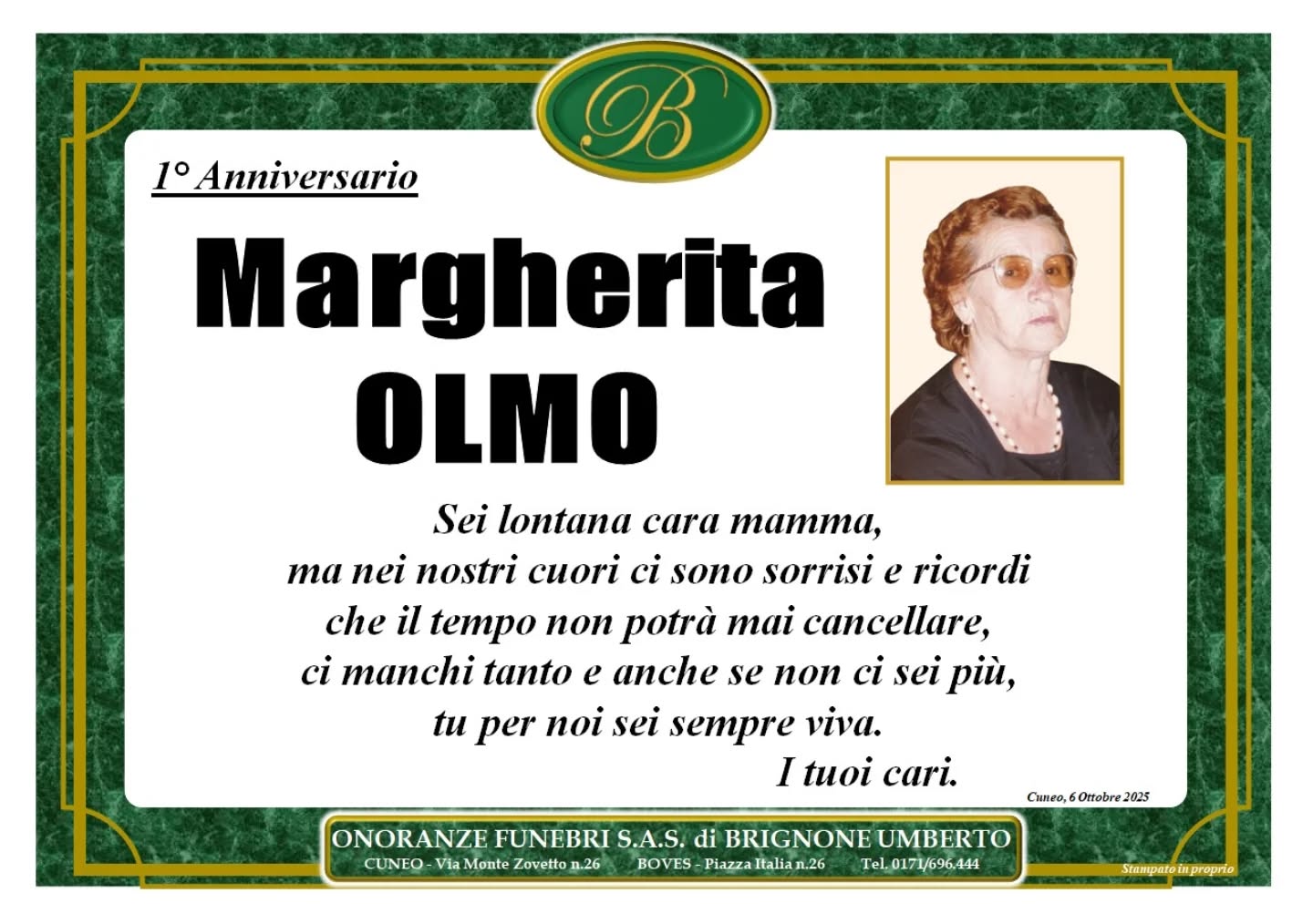 Manifesto funebre di Margherita Olmo