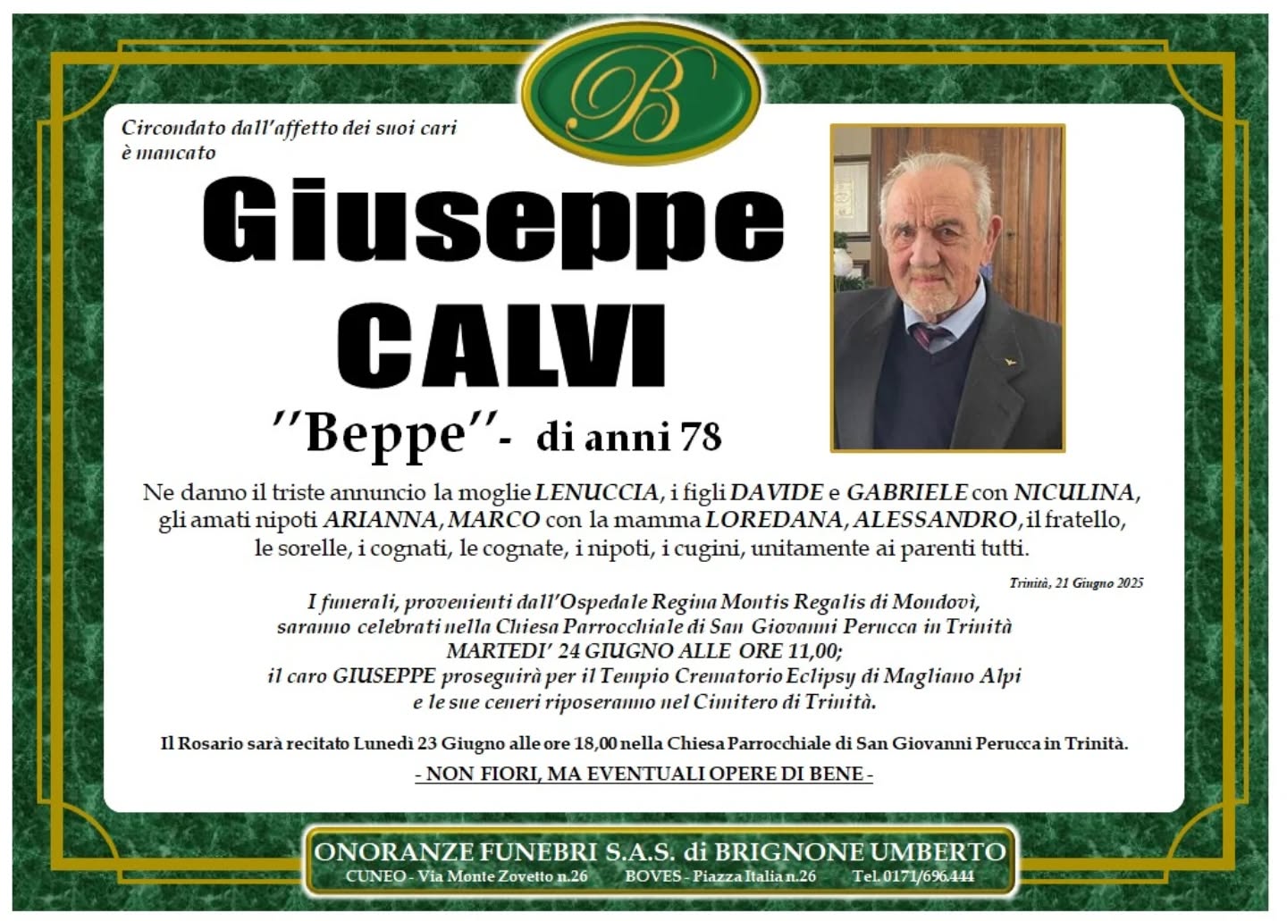 Manifesto funebre di Giuseppe Calvi