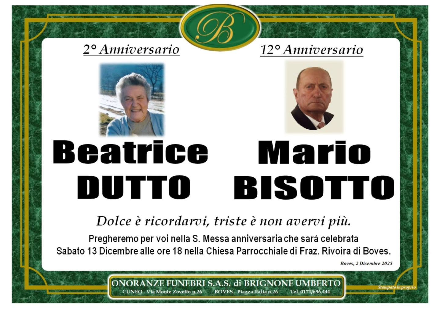 Manifesto funebre di Dutto Bisotto
