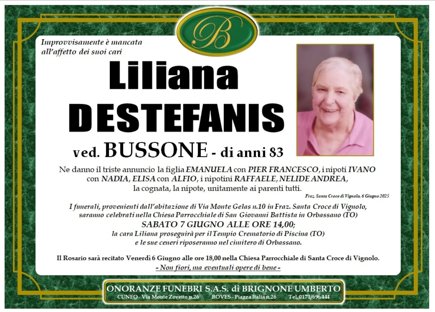 Manifesto funebre di Liliana Destefanis