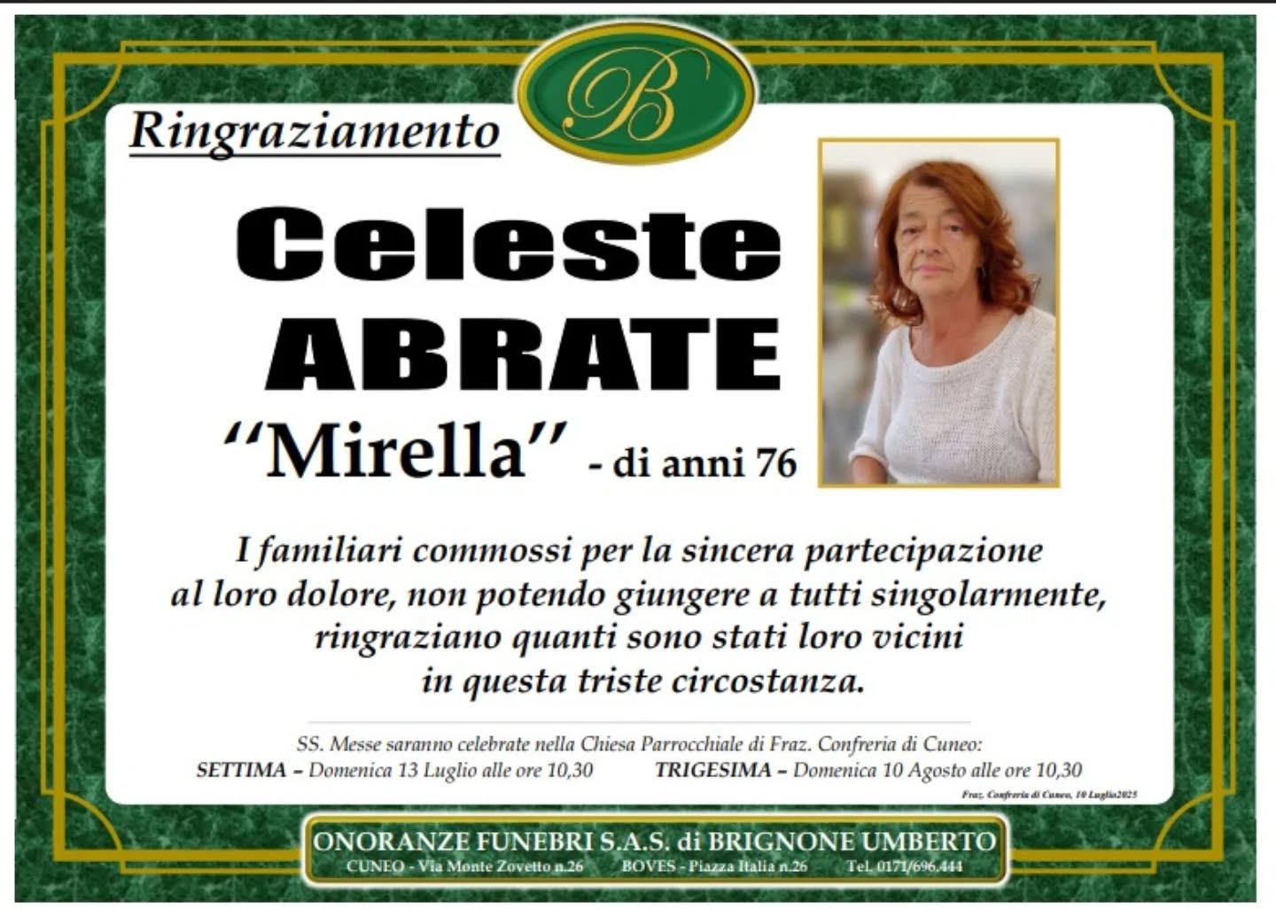 Manifesto funebre di Celeste Abrate