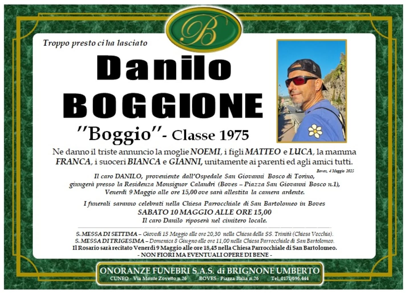 Manifesto funebre di Danilo Boggione