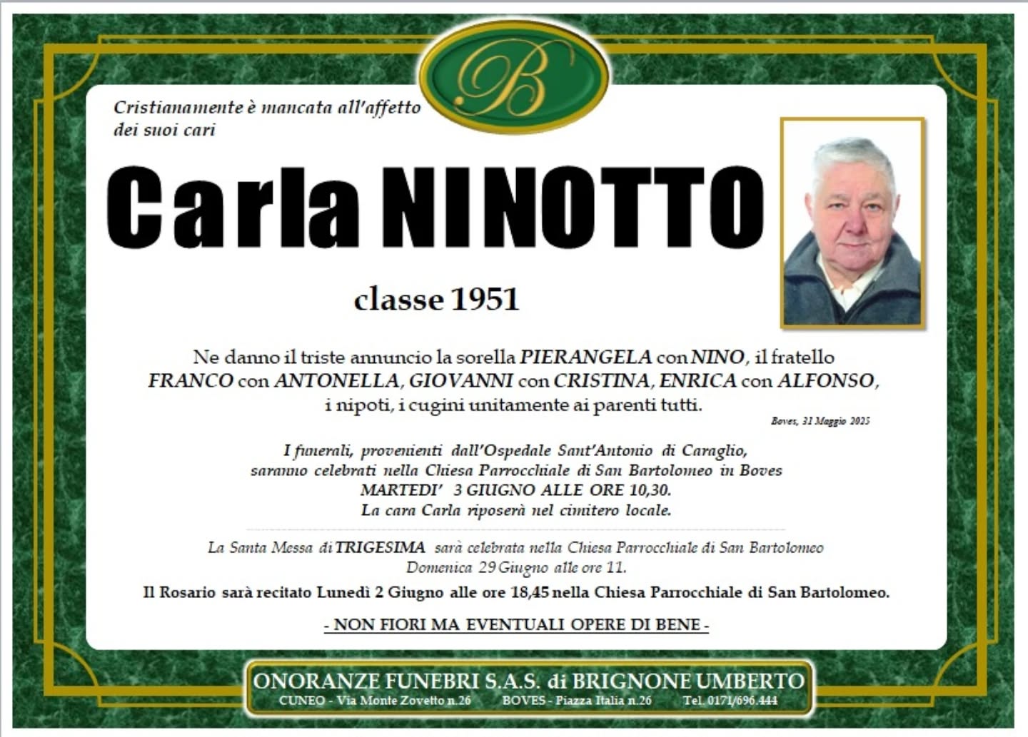 Manifesto funebre di Carla Ninotto