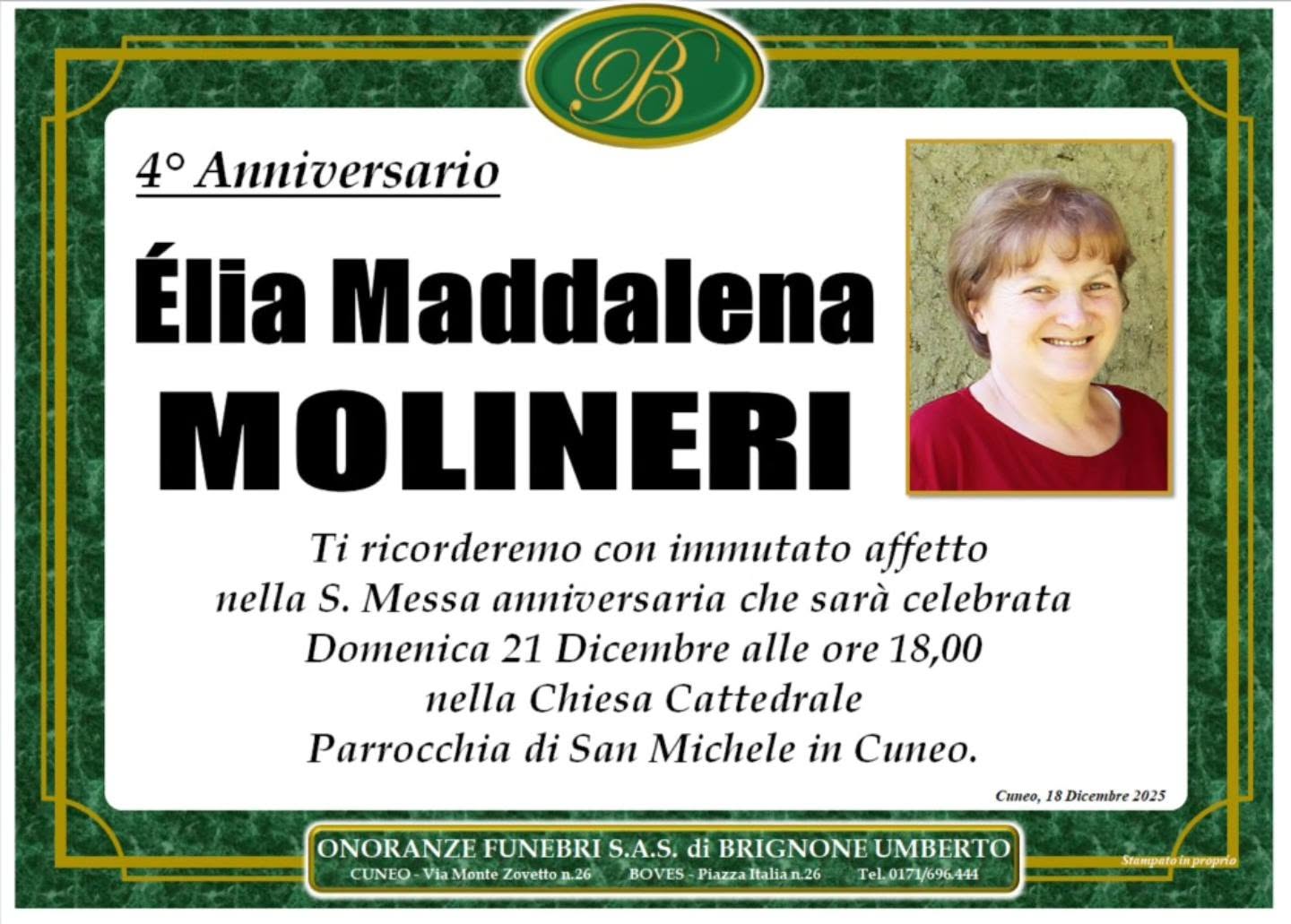 Manifesto funebre di Élia Maddalena Molineri