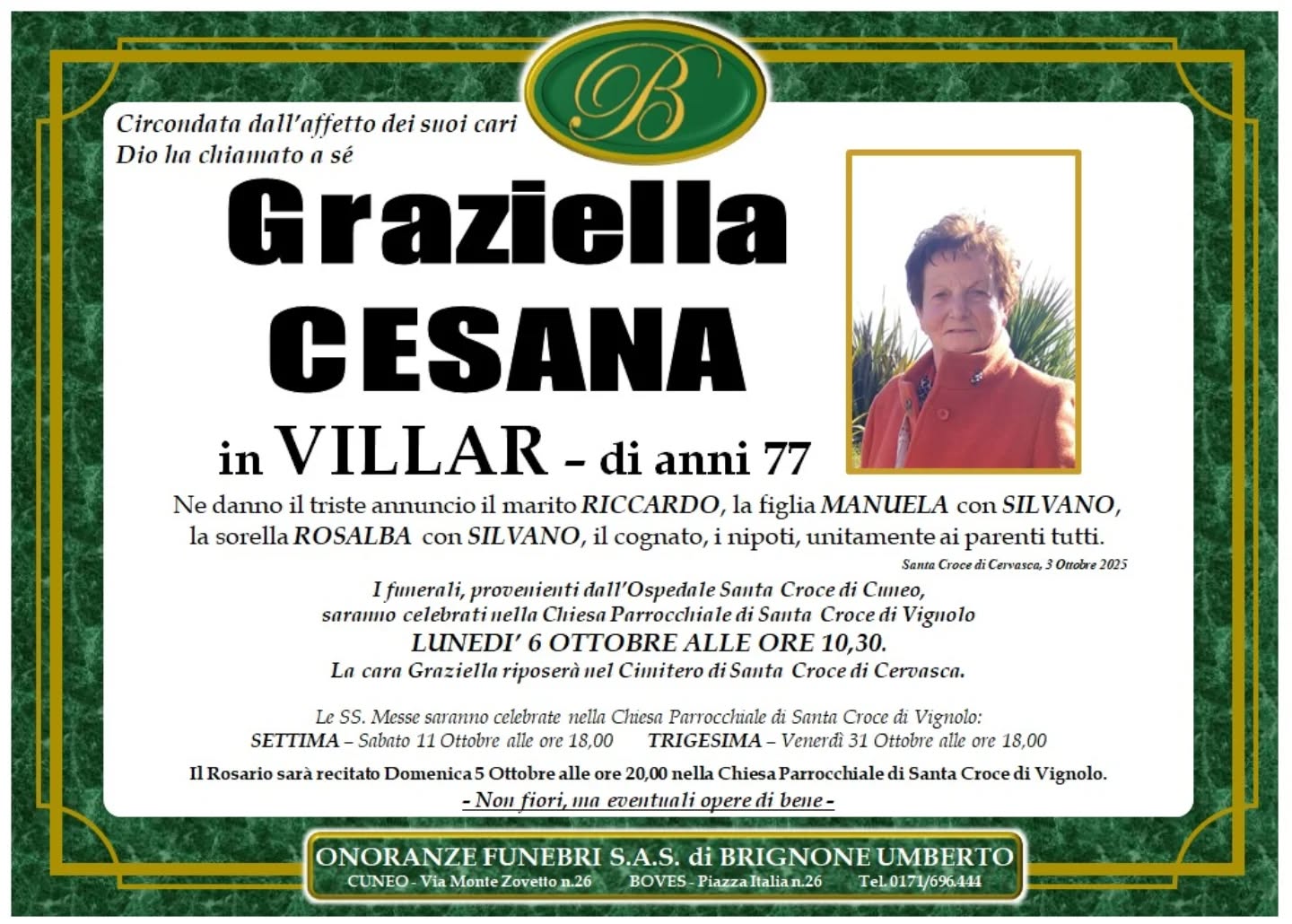 Manifesto funebre di Graziella Cesana