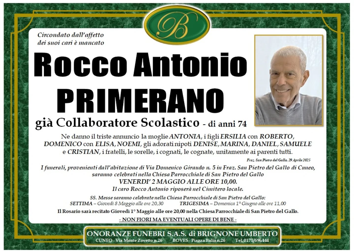 Manifesto funebre di Rocco Antonio Primerano